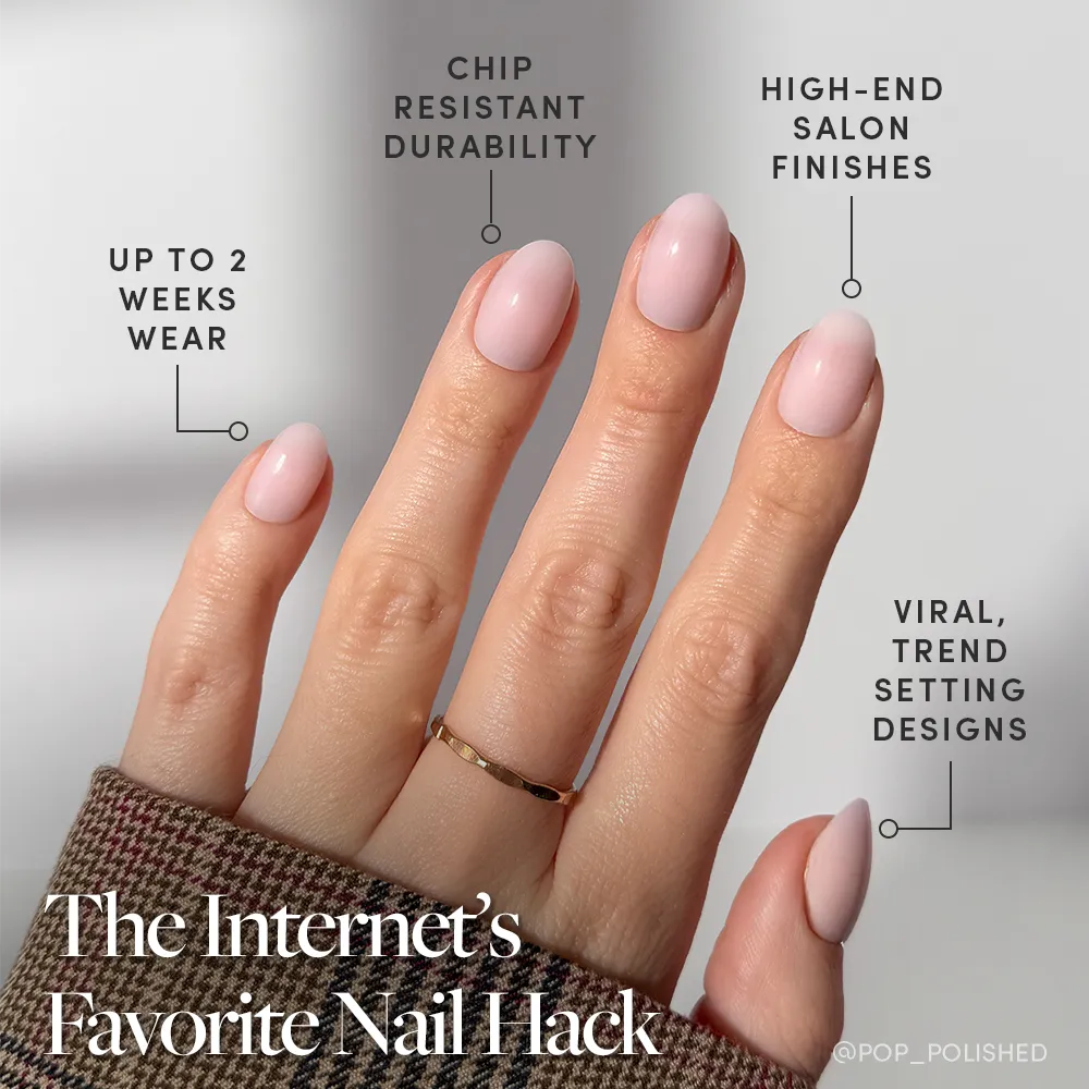 A hand with neatly manicured, light pink short oval nails shows off glamnetic’s Doll Cheeks. Enjoy up to 2 weeks wear, chip-resistant strength, salon-quality finish, and trendy designs perfect for any style.