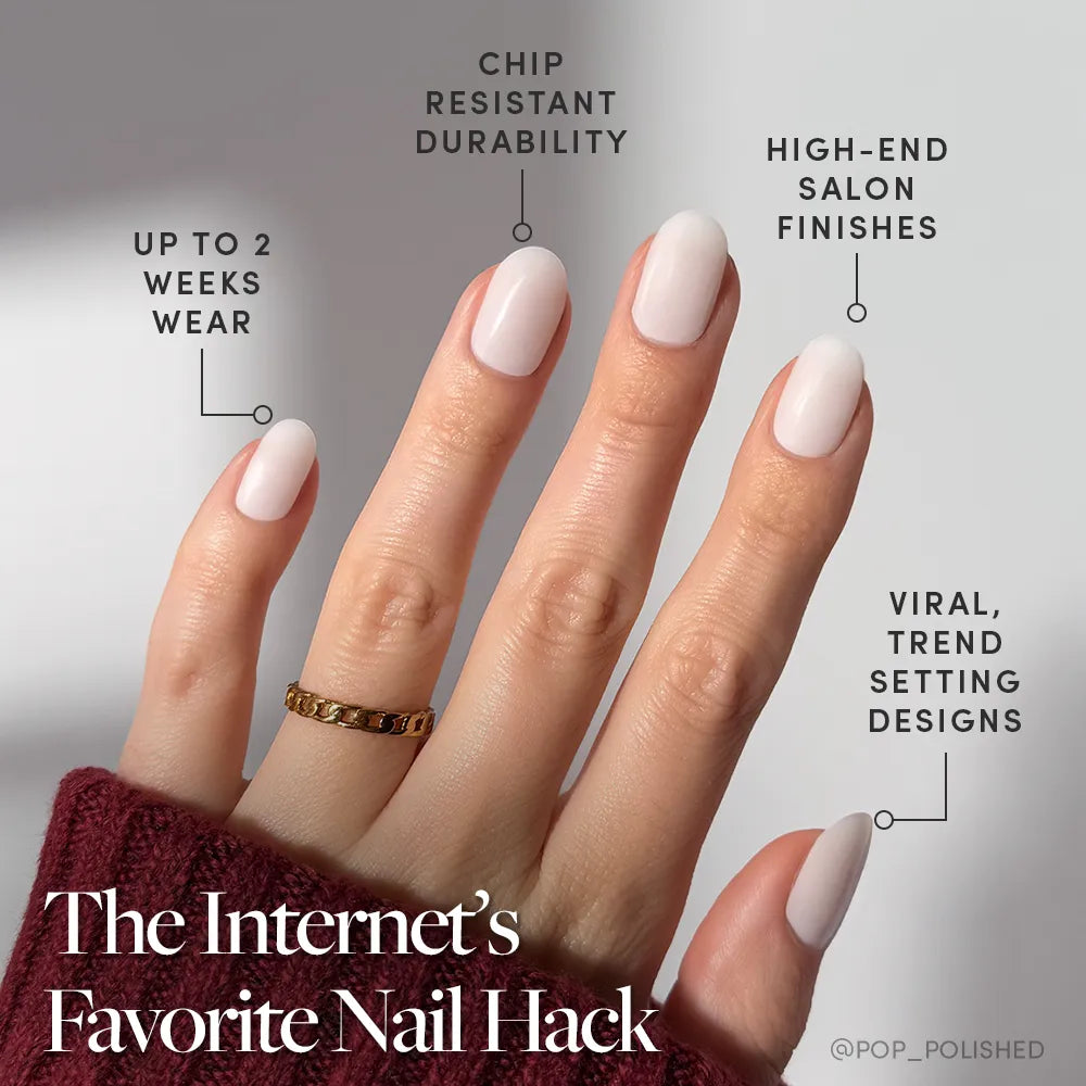 A neatly manicured hand wears glamnetic’s Milk Bath Press-On Nails in pale pink against a gray background. Text highlights chip resistance, high-end finish, trendy designs, and up to 2 weeks wear. A gold ring accents one short round nail.