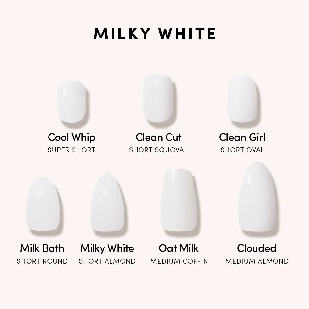 Image featuring seven milky white nail shapes, including short almond styles and glamnetic’s Milky White Press-On Nails—ideal for an effortless, salon-quality manicure at home.