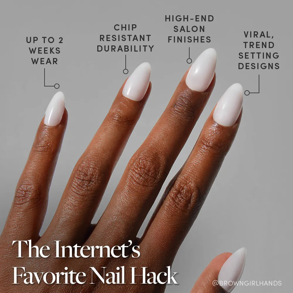 A hand with long, almond-shaped milky white nails by glamnetic is shown. Text highlights up to 2 weeks wear, chip-resistant durability, salon-quality finish, and viral designs. Text: The Internet’s Favorite Nail Hack.