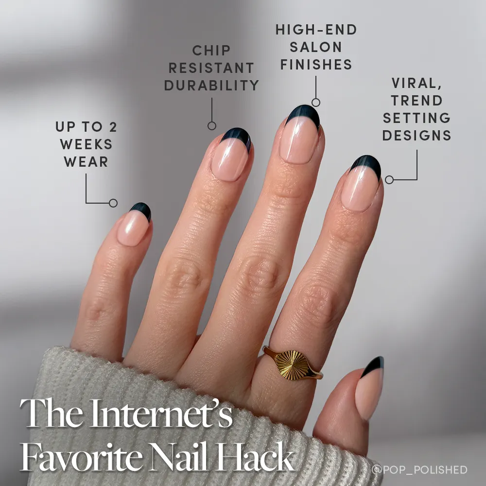 A hand displays glamnetic Onyx Glaze Press-On Nails in chic French tips. Enjoy up to 2 weeks wear, chip-resistant durability, high-end salon finish, and a glossy glazed look—all for viral, trend-setting style.