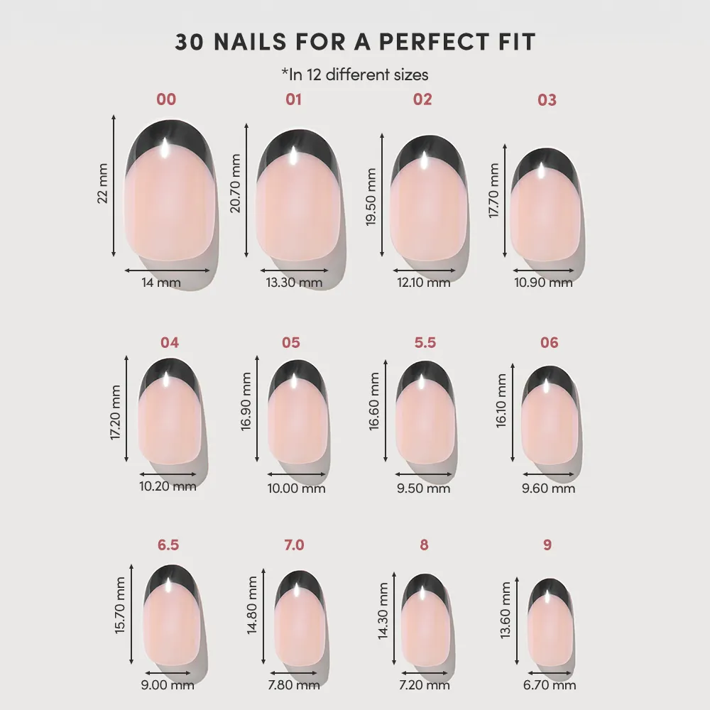 Chart of 12 glossy, black-tipped artificial nail sizes labeled with numbers and millimeter measurements in three rows, titled “glamnetic Onyx Glaze: 30 Nails for a Perfect Fit.”.
