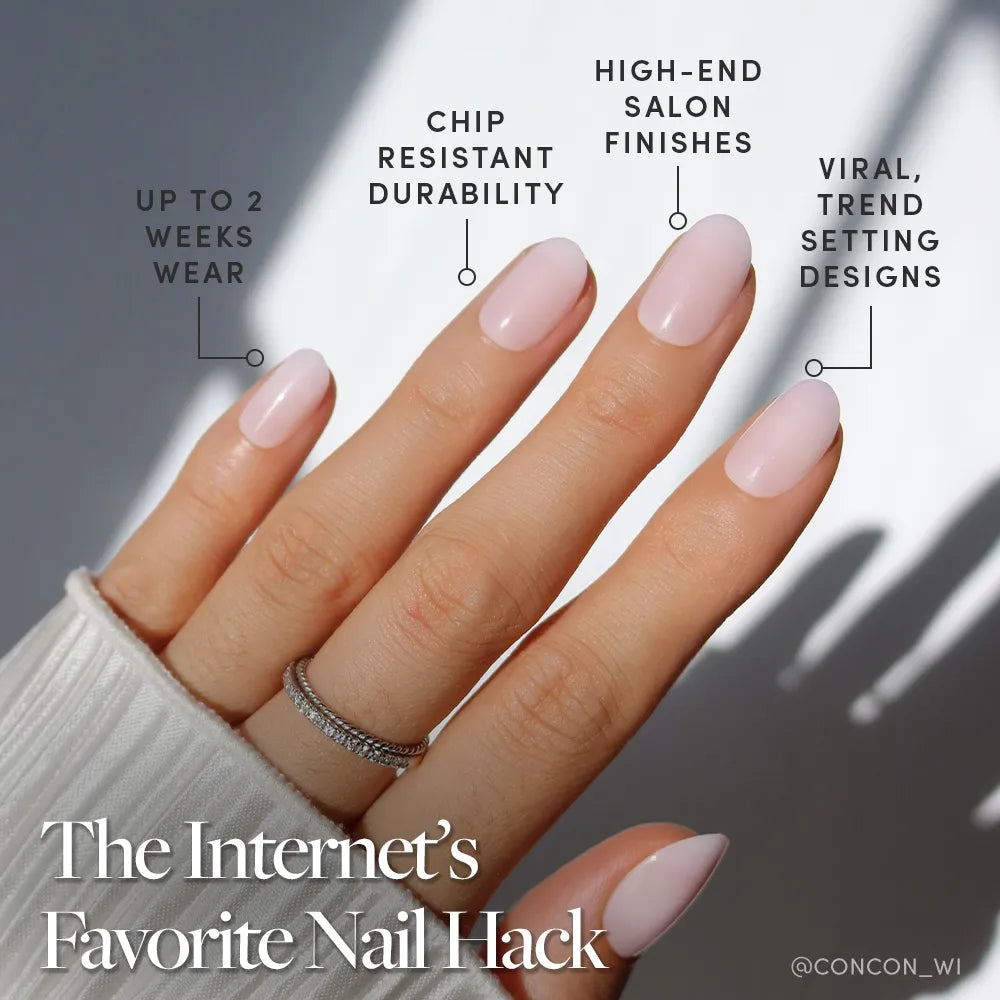 A hand with neatly manicured, short round nails in Pink Blush by glamnetic showcases salon-quality benefits: chip-resistant durability, viral designs, and up to 2 weeks of wear. Text reads: The Internet's Favorite Nail Hack.