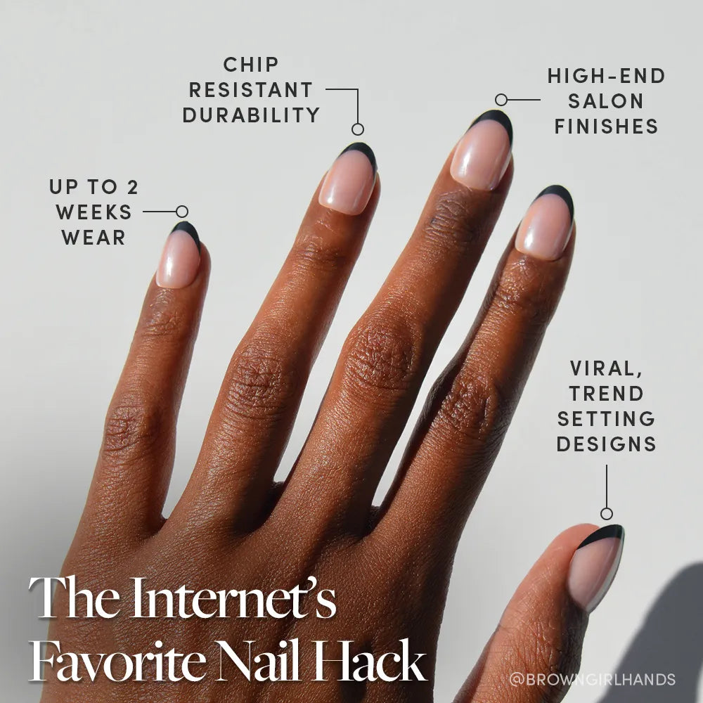 A hand with a minimalist black-tipped French manicure in "Smoke Salt" by glamnetic is shown, featuring glossy glazed nails. Labels highlight chip-resistant durability, salon quality, up to 2 weeks' wear, and trendsetting style. Text: The Internet’s Favorite Nail Hack.