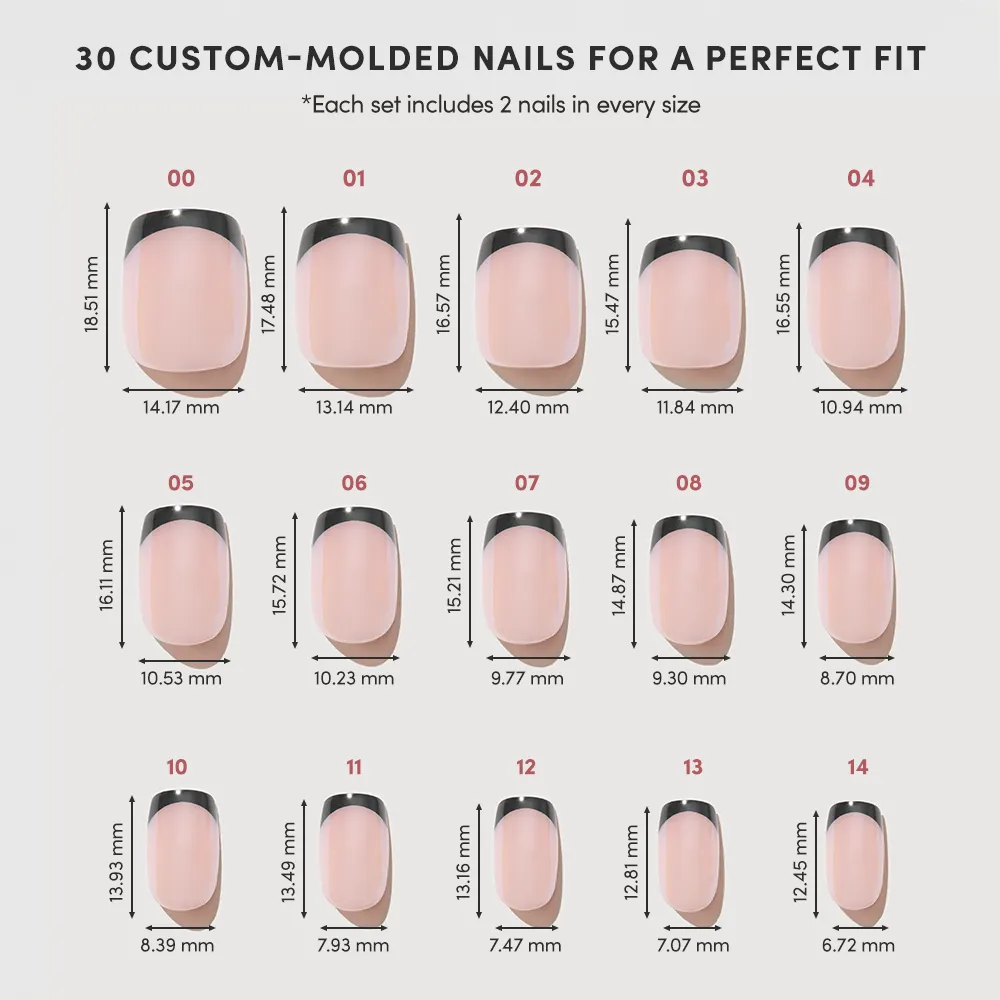 The glamnetic Squid Ink set features 30 custom-molded press-on nails in 15 sizes, each with width and height in millimeters, arranged largest to smallest, all finished with a glossy glazed look.