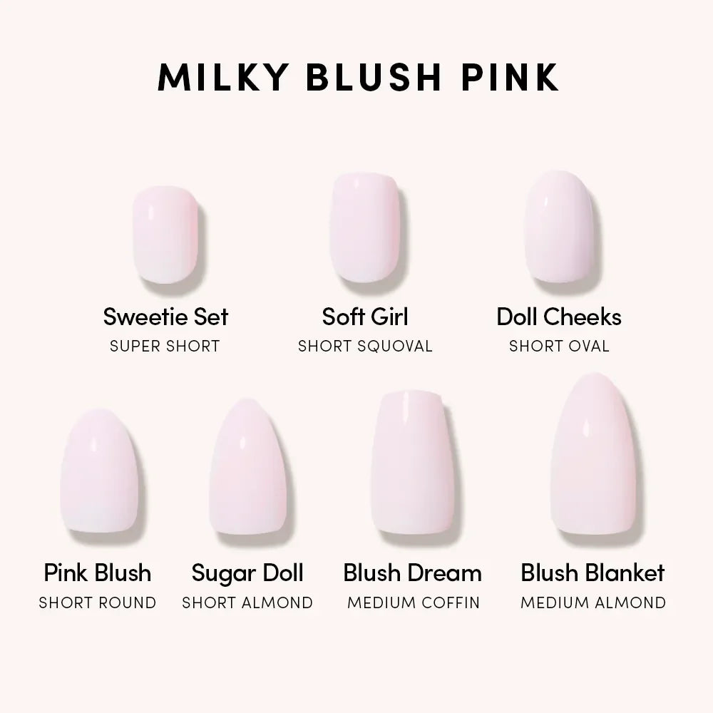 The Sugar Doll set from glamnetic features glossy pink press-on nails in a light milky shade, shown in various shapes and styles like Sweetie Set, Soft Girl, Doll Cheeks, Pink Blush, Blush Dream, and Blush Blanket—perfect for any look.