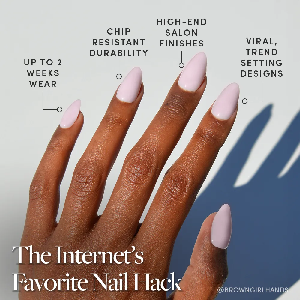 A hand with glamnetic's Sugar Doll press-on nails in glossy pink and a short almond shape is shown. Features include up to 2 weeks' wear, chip-resistant durability, salon-quality finish, and viral trend-setting design.