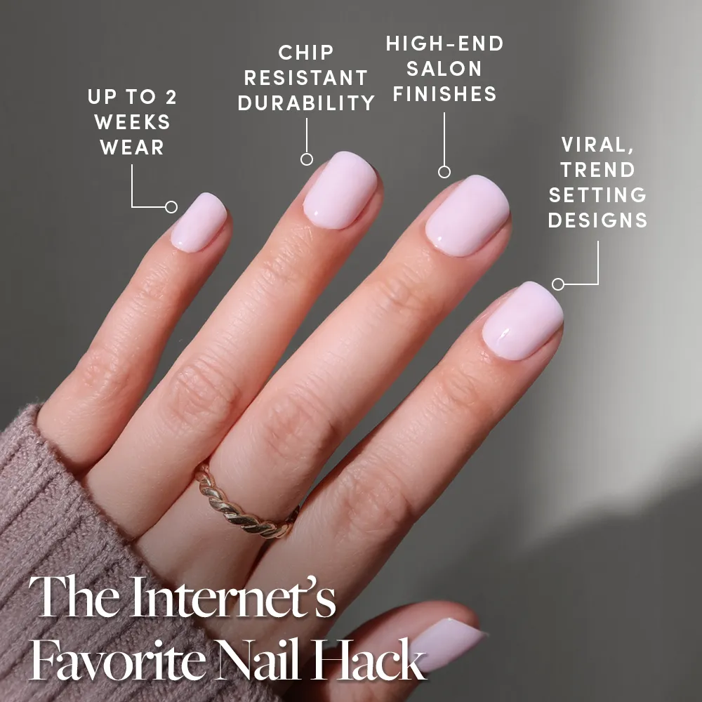 A hand with glamnetic’s Sweetie Set press-on nails in pale pink is shown. Text highlights: up to 2 weeks’ wear, chip-resistant, luxe finishes, and viral designs. Caption: The Internet’s Favorite Nail Hack.
