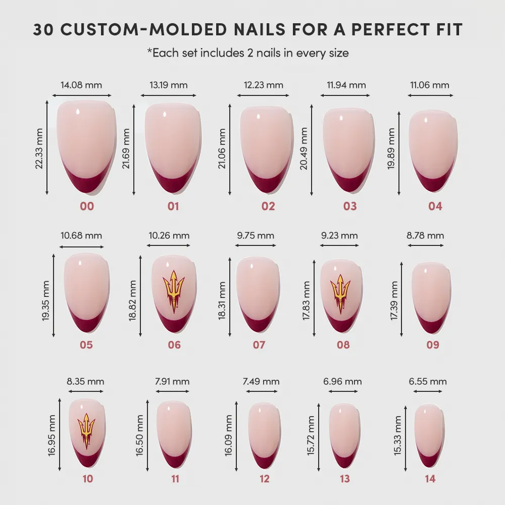 The glamnetic Arizona State Sun Devils Press-On Nail Set features 15 salon-quality sizes, each displayed with millimeter dimensions. Some nails have maroon French tips or gold trident designs, with two of each size included per set.