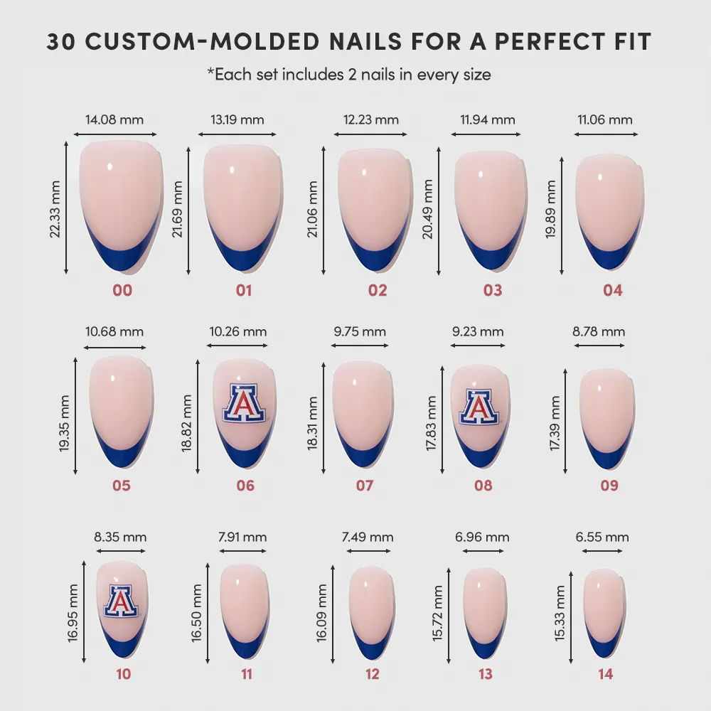 The glamnetic Arizona Wildcats Press-On Nail Set includes 30 salon-quality nails in assorted sizes, each labeled with measurements. Designs feature navy French tips, blue tips, and the University of Arizona "A" logo—perfect for Wildcats fans.