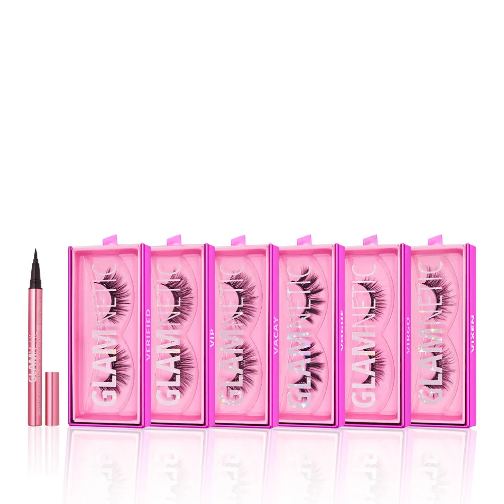Six pink cases of glamnetic’s Ultimate Lash Wardrobe are lined up beside a black eyeliner pen with a pink cap, all arranged neatly on white—a perfect bundle for magnetic lash lovers.