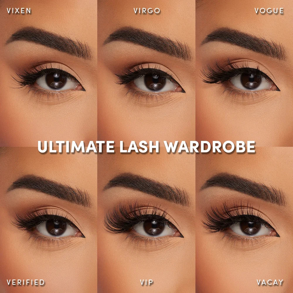 A collage of six close-up eyes showcases glamnetic’s Ultimate Lash Wardrobe, each wearing a different style: Vixen, Virgo, Vogue, Verified, VIP, and Vacay—the perfect reusable lash bundle for every look.
