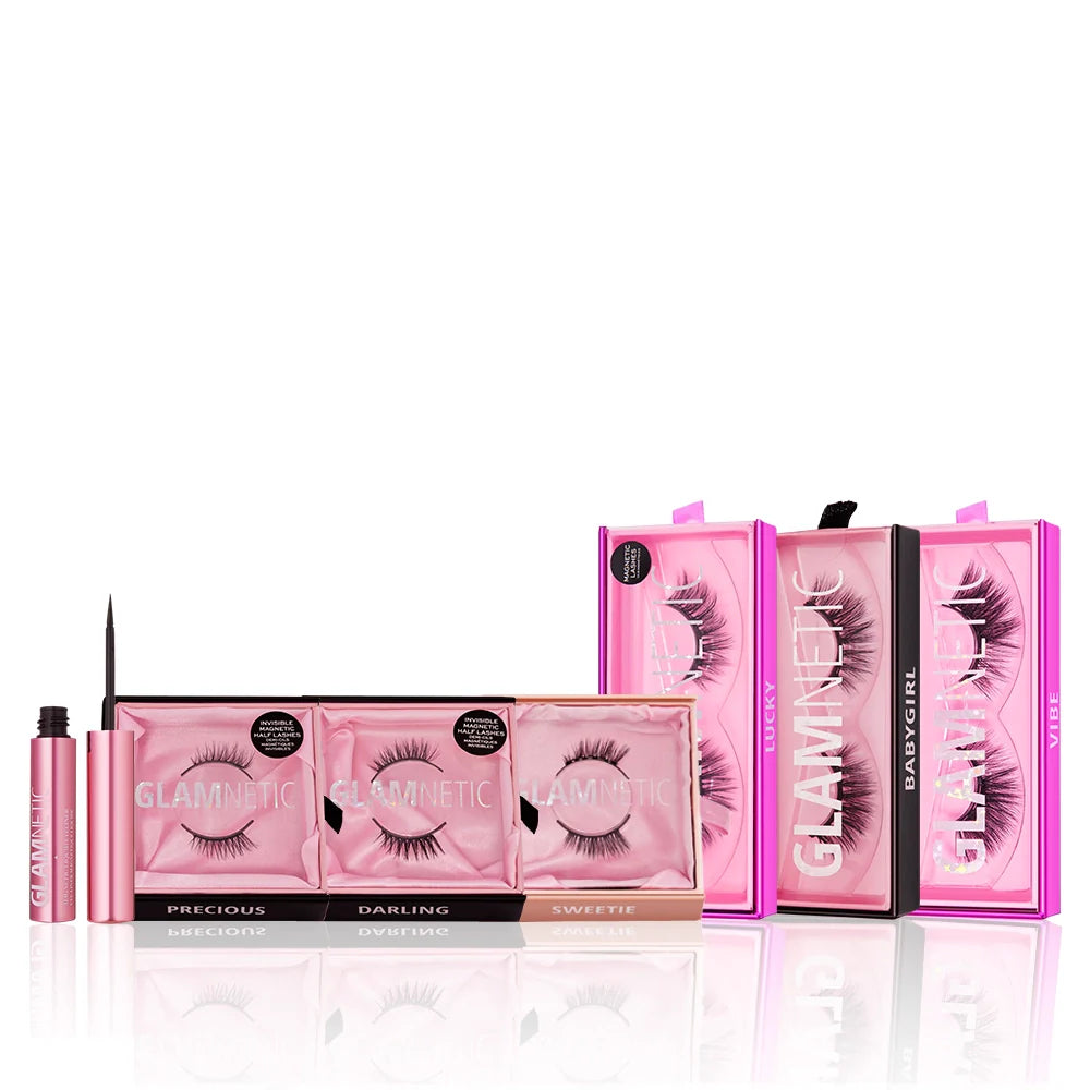 Glamnetic Lash Out Loud set includes three reusable magnetic lash sets—Precious, Darling, and Sweetie—in pink packaging, a magnetic eyeliner, and three upright individual lash boxes.