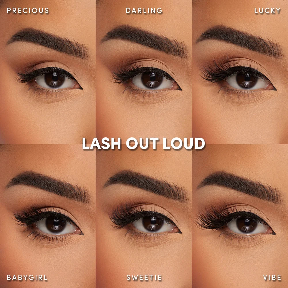 A collage of six close-up eye images showcases glamnetic's Lash Out Loud lashes in styles: Precious, Darling, Lucky, Babygirl, Sweetie, and Vibe. The text "LASH OUT LOUD" appears at the center.