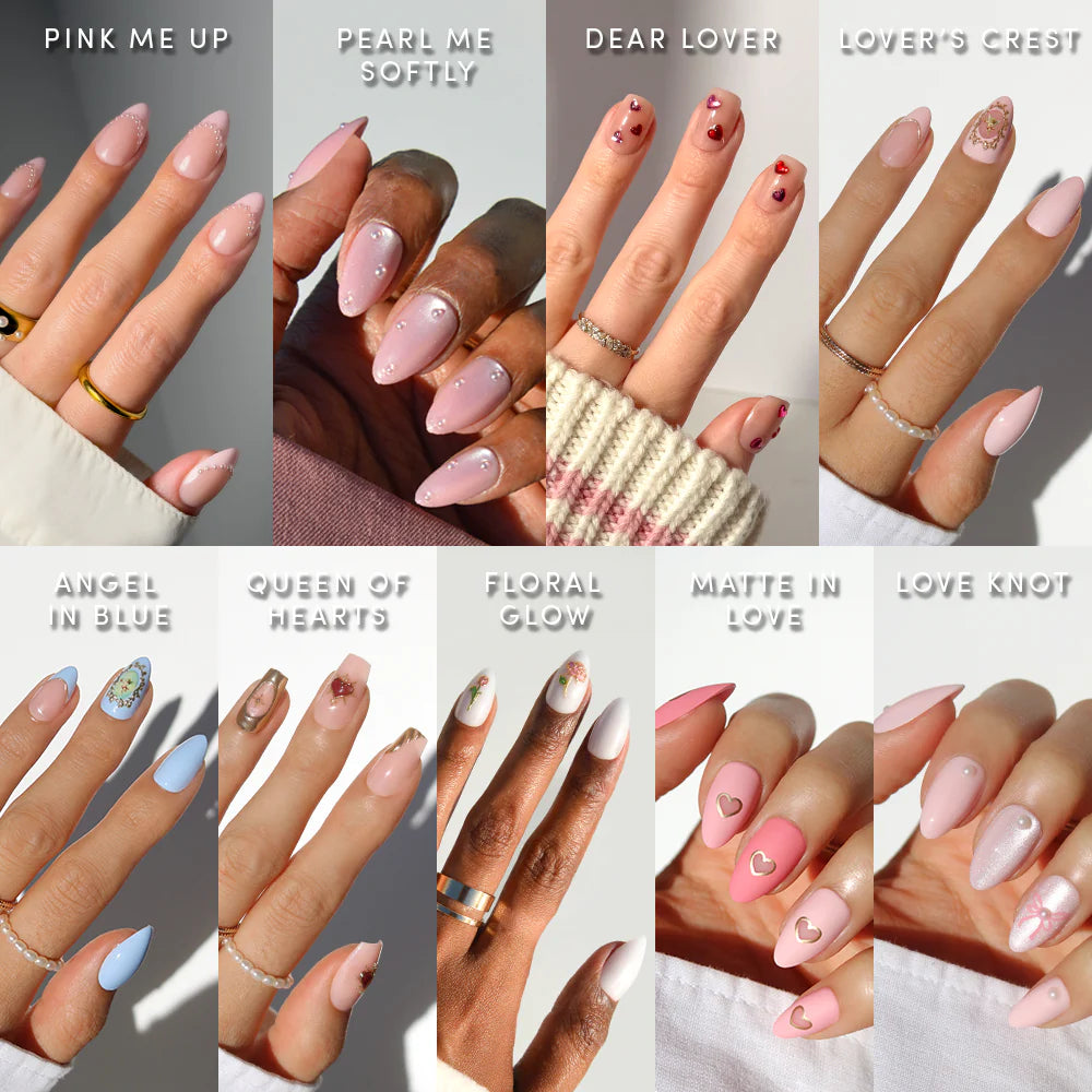 A collage of ten manicured hands, each sporting unique nail art—pink, nude, blue, hearts, and 3D designs. Each almond set is labeled above with names like glamnetic’s “Love in 3D.”.
