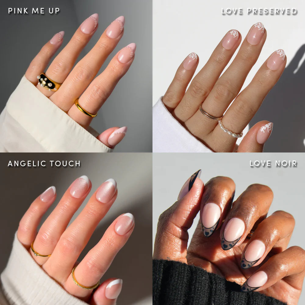 A collage of four hands with modern nail designs: Pink Me Up (pink nails with gold and pink flecks), The French Kiss by glamnetic (almond nails with white floral French tips), Angelic Touch, and Love Noir.