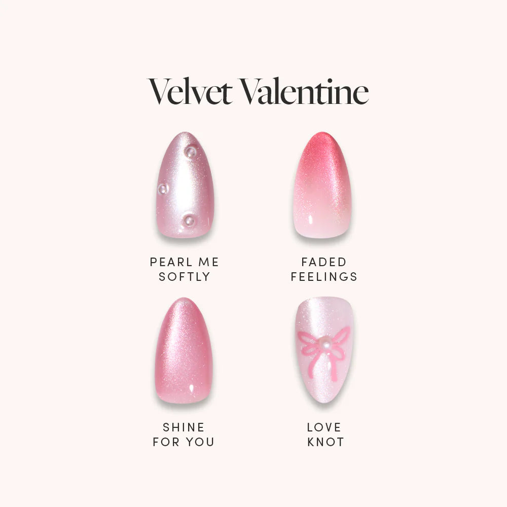 Glamnetic’s Velvet Valentine set features four short almond blush nails: Pearl Me Softly (pearl accents), Faded Feelings (pink gradient), Shine For You (shimmery pink), and Love Knot (pink bow)—perfect for Valentine’s Day.
