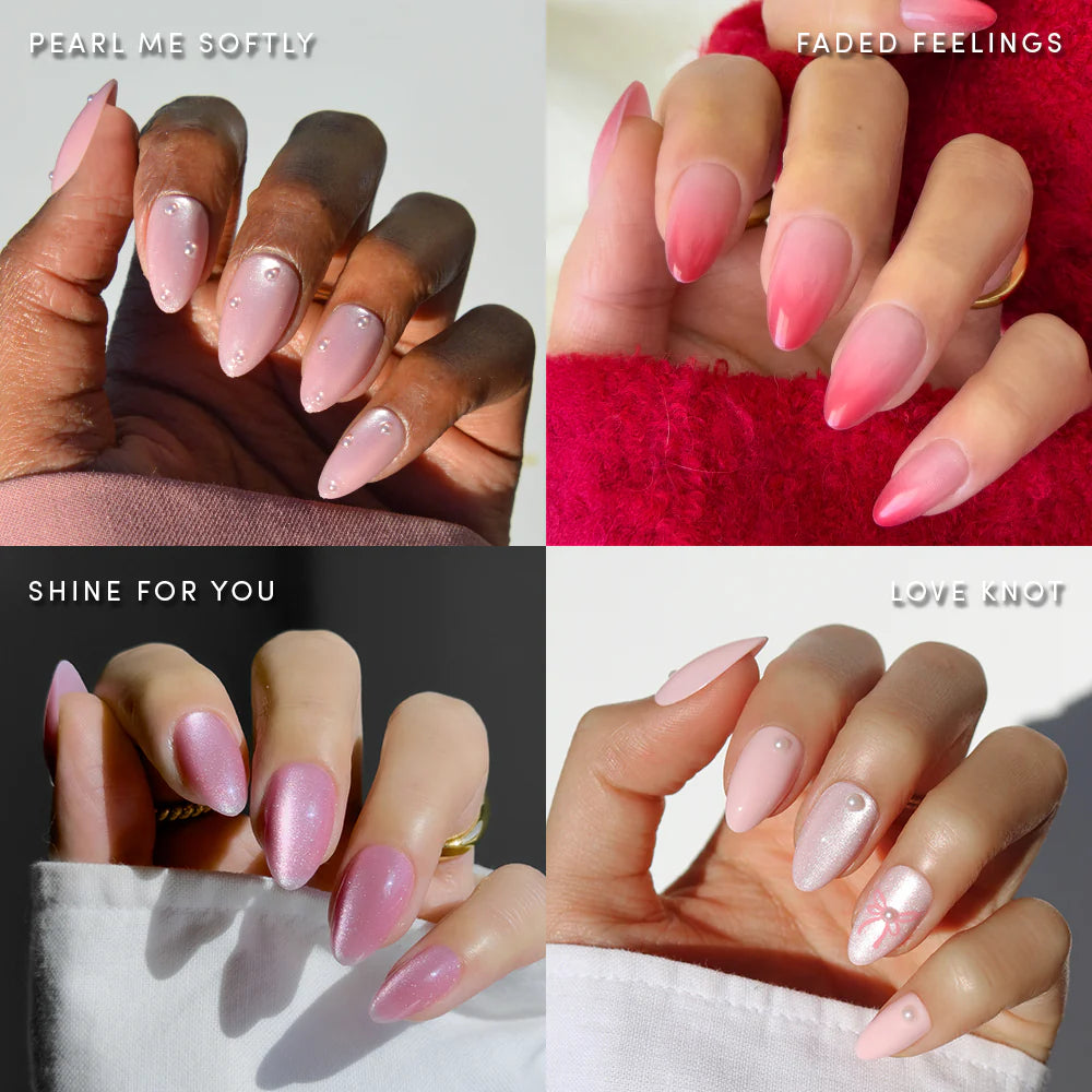 A collage of four manicured hands in soft pink tones showcases glamnetic’s Velvet Valentine blush nail designs, each labeled and highlighting glossy, decorated, short almond sets.