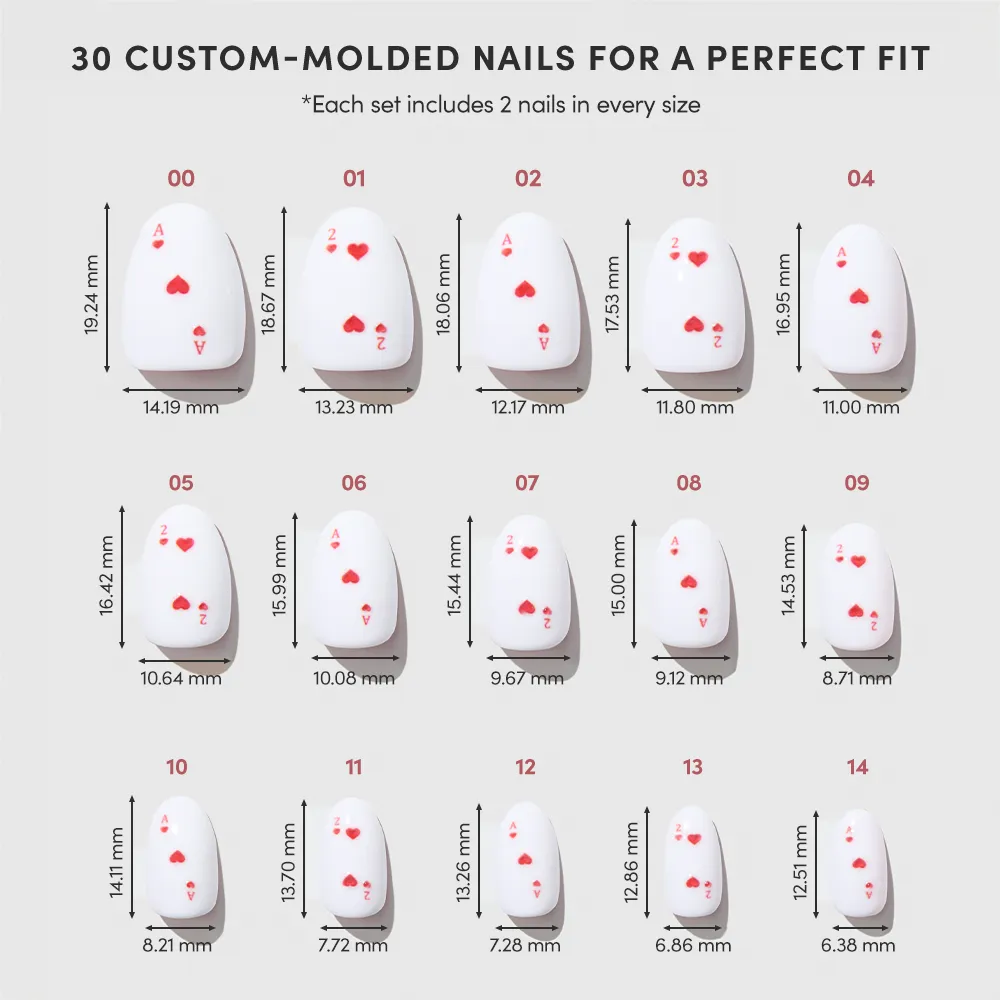 A chart displays 15 oval Glamnetic "Ace of Hearts" press-on nail sizes, each labeled with height and width in millimeters. The white nails feature small red playing card suit accents, resembling ace of hearts designs.