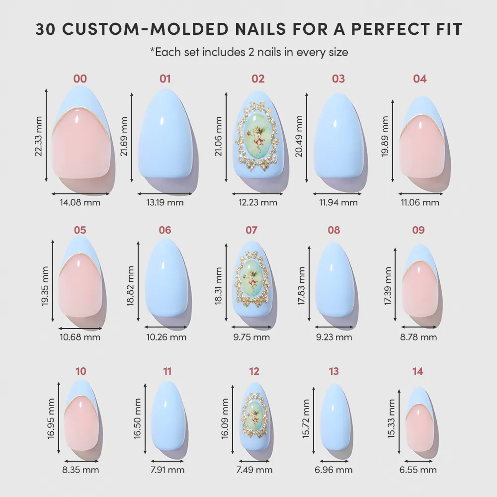 Angel in Blue by glamnetic: 15 custom-molded, short almond nails in pastel pink and blue, featuring floral accents and 3D gold art inspired by Victorian romance; each nail’s size shown below for perfect fit.