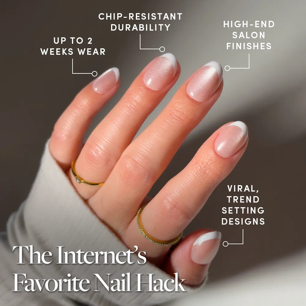A hand with a soft pink and white “Angelic Touch” manicure by glamnetic is shown, highlighting up to 2 weeks wear, chip-resistant durability, salon-quality finish, and viral nude velvet nail trends. Text reads: The Internet’s Favorite Nail Hack.