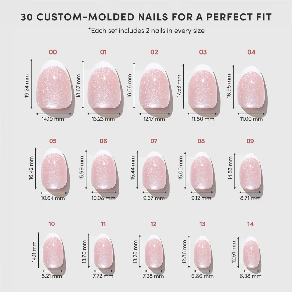 A chart displays 15 sizes of glamnetic’s Angelic Touch pink, glittery press-on nails (00–14), ideal for a short oval mani or nude velvet look, with each nail’s length and width in millimeters shown below.