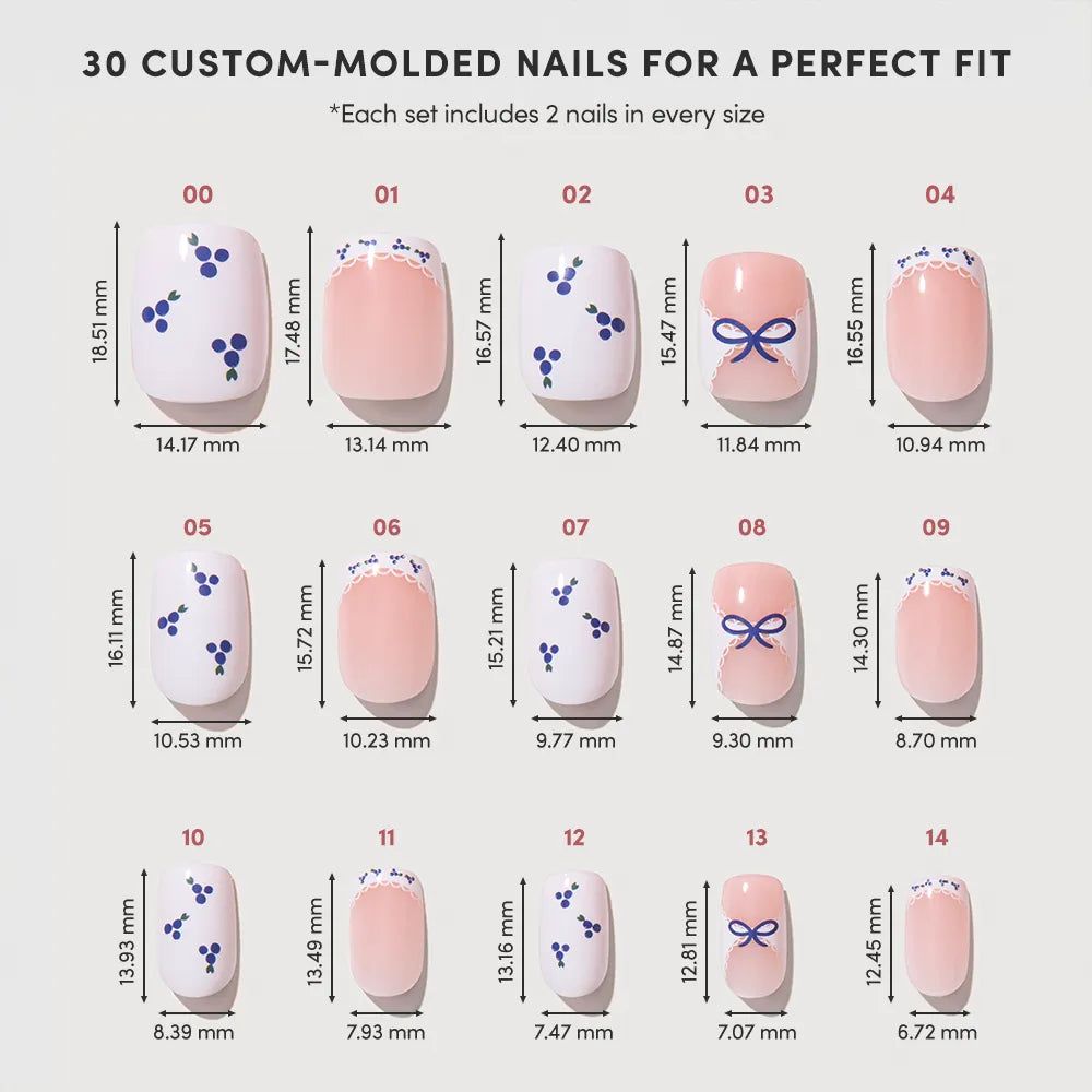 Explore various press-on nail sizes from glamnetic's Blue A Kiss collection, offering classic squoval shapes and chic blueberry-inspired designs.