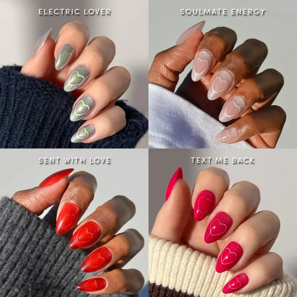 A collage of four manicured hands, each with heart nail designs in green, nude, red, and pink—featuring almond sets from glamnetic’s Cupid's Magnetic Hearts collection.