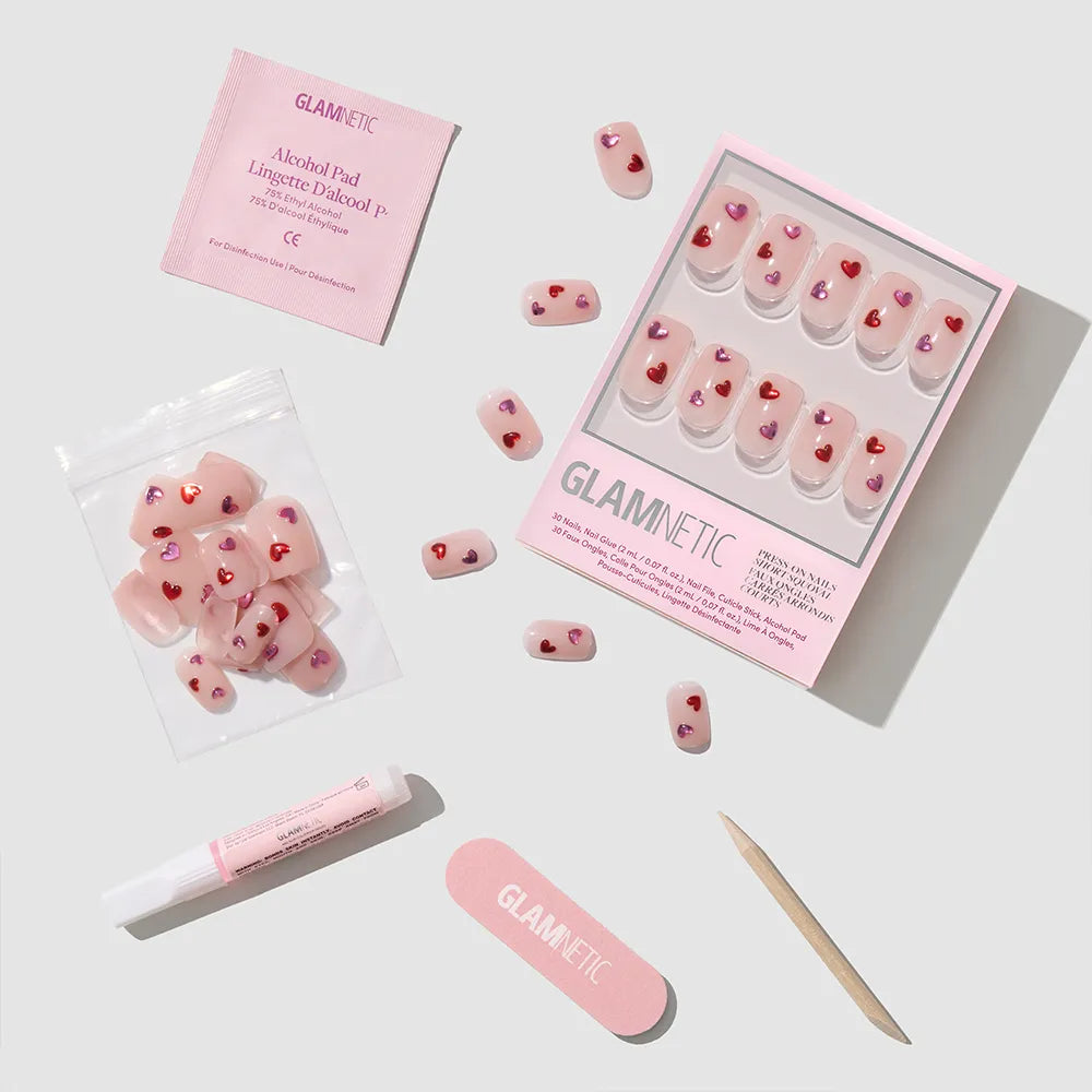 The Dear Lover duo by glamnetic is a chic pink nail polish set, ideal for short squoval nails and perfect for elevating your manicure.