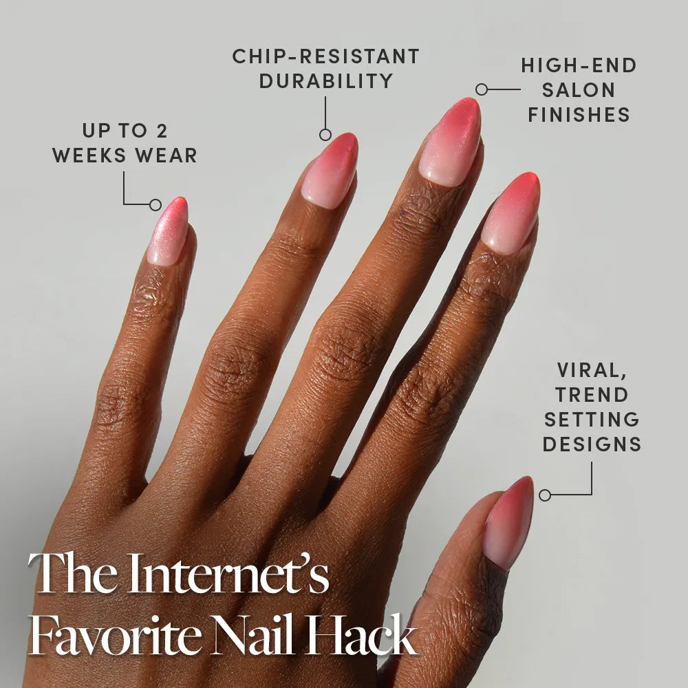 A hand with glamnetic Faded Feelings pink velvet ombré nails is shown, featuring chip-resistant durability, up to 2 weeks of wear, salon-quality finish, and trend-setting designs. Text reads: The Internet’s Favorite Nail Hack.