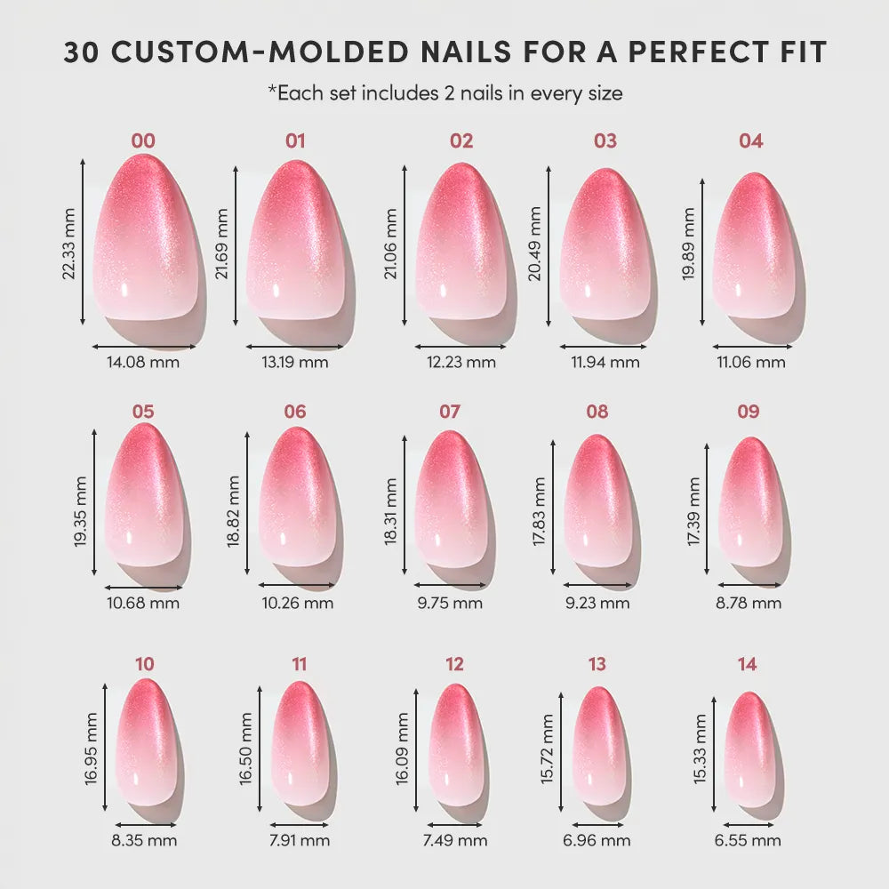 A chart shows 15 size options for glamnetic’s Faded Feelings pink almond press-on nails, each labeled with width and length in millimeters, for a set of 30 custom-molded artificial nails ensuring a perfect fit.