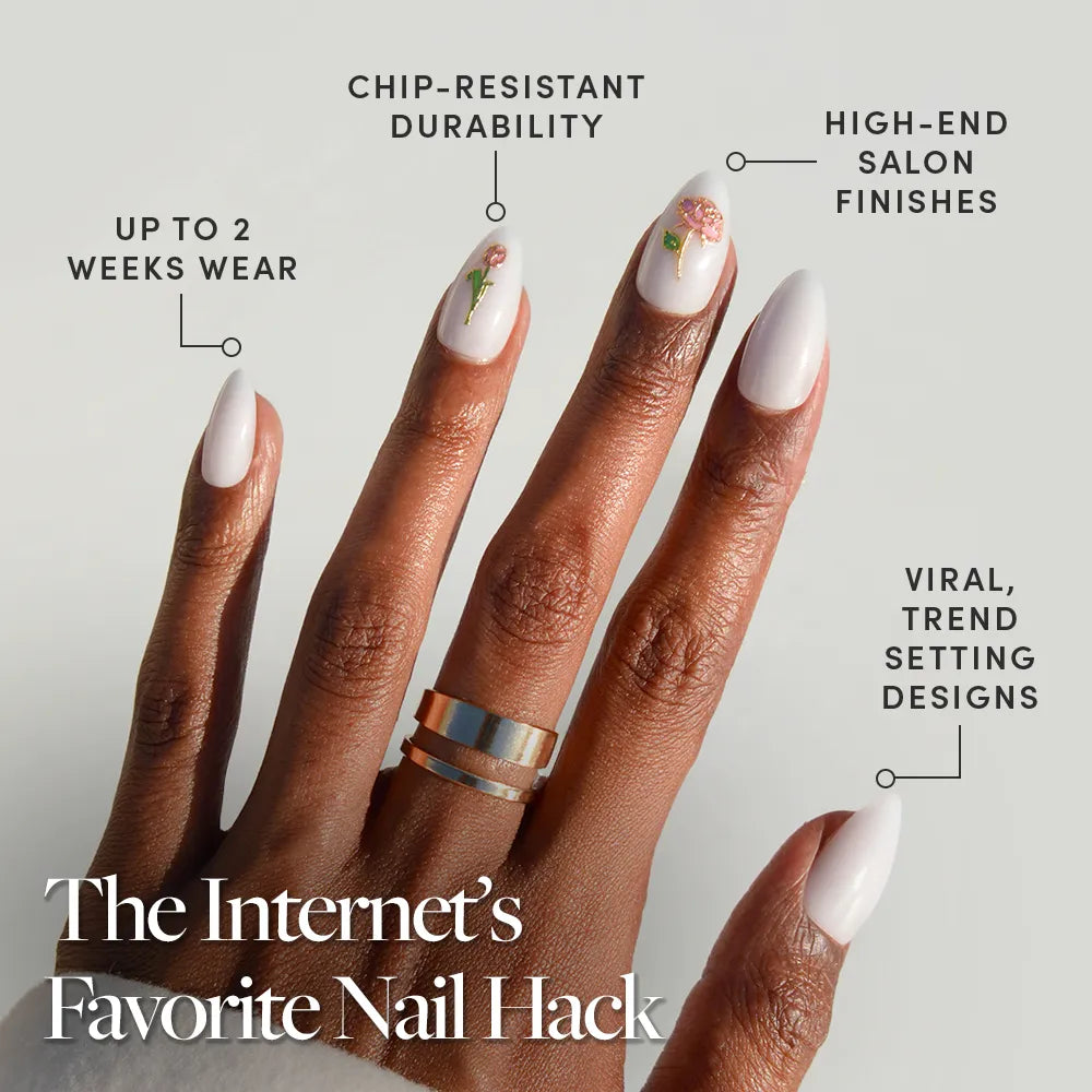 A hand with long, white glamnetic Floral Glow nails—two adorned with delicate floral designs and 3D rose accents. Experience up to 2 weeks wear, chip-resistant durability, viral trend-setting style, and high-end salon finishes.
