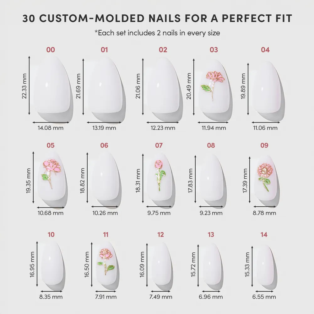 A glamnetic Floral Glow chart displays 15 custom-molded short almond nail sizes with numbered, millimeter measurements. Some nails have 3D rose Floral Glow patterns; others are plain. Each size includes 2 nails for a perfect fit.