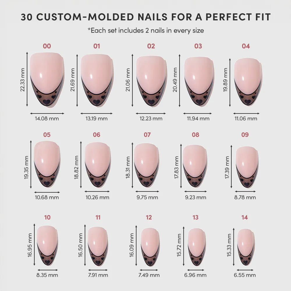 A chart shows 15 sizes of glamnetic Love Noir custom-molded short almond nails, each labeled with width and length in mm. The pink French tip nails have a black dotted detail, and each set includes 2 nails of every size.