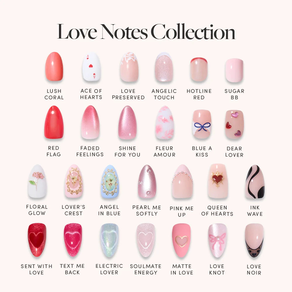 The glamnetic Love Notes Collection features 24 almond-shaped nail designs in pink, red, and nude with hearts, glitter, bows, and love accents, all arranged in a 4x6 grid.