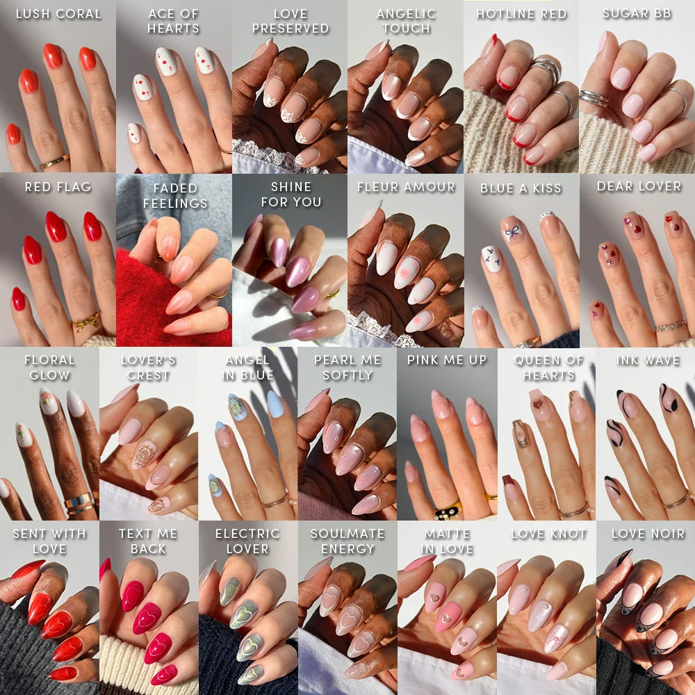 A collage of 25 hands spotlights unique nail art from glamnetic's Love Notes Collection, displaying vibrant colors and creative patterns in various styles like coffin and almond nail sets.