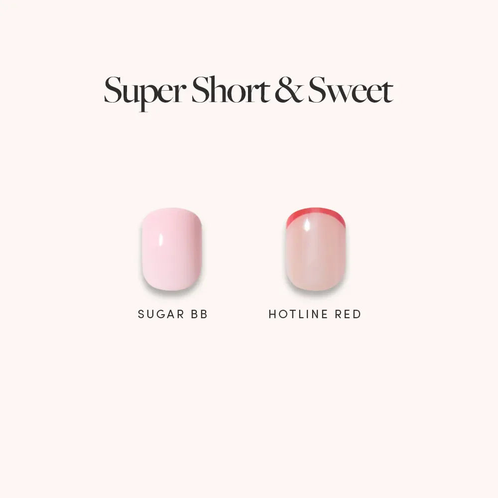 Two glamnetic artificial nails from the "Super Short & Sweet" set are shown: the left is light pink ("Sugar BB"), and the right is nude with red French tips ("Hotline Red"). Both are displayed side by side on a light background.