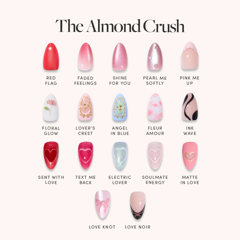 The Almond Crush by glamnetic showcases 16 short almond nails in pink, red, and neutral shades with unique patterns or 3D art, featuring playful names like Red Flag, Faded Feelings, and Ink Wave, arranged in four rows on a white background.