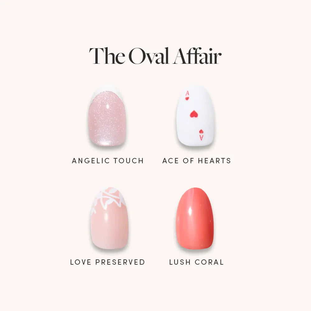 Glamnetic’s The Oval Affair features four soft-luxury oval nail designs: shimmery light pink (Angelic Touch), pale pink with red heart & “A” (Ace of Hearts), soft pink with abstract lines (Love Preserved), and glossy coral (Lush Coral).