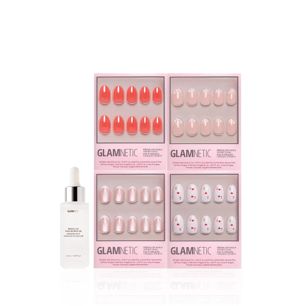 Four glamnetic "The Oval Affair" pink press-on nail sets, with classic soft-luxury designs, plus a white bottle of nail adhesive, are neatly arranged against a white background.