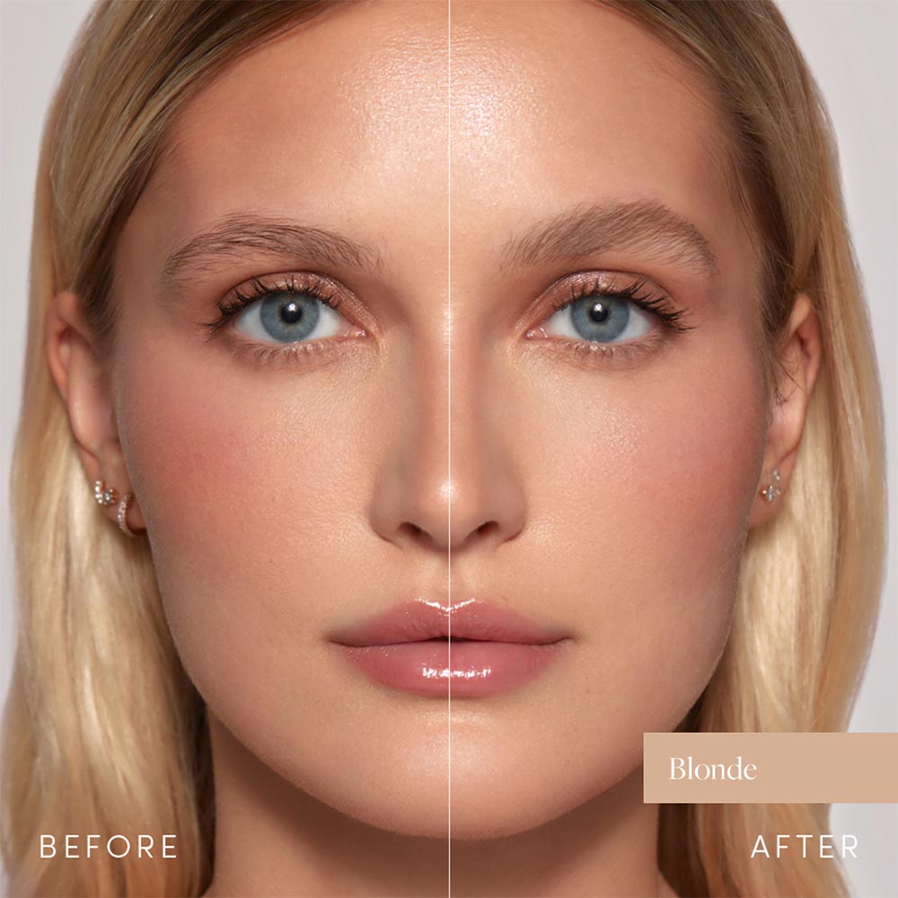 A womans face is split down the middle to compare before and after eyebrow looks. The left side shows lighter brows; the right has fuller, blonde brows labeled After Blonde using glamnetics 3-in-1 Brow It All brow pencil.