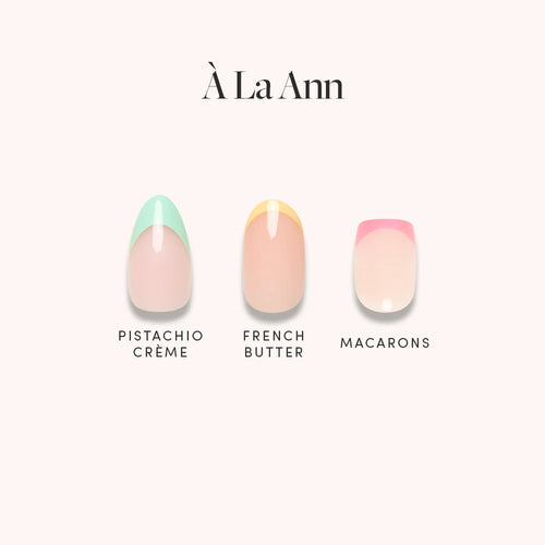 Three chic French tip nail designs—Pistachio Crème (green), French Butter (yellow), and Macarons (pink)—feature salon-quality durability on a light base, under the product À La Ann by glamnetic.