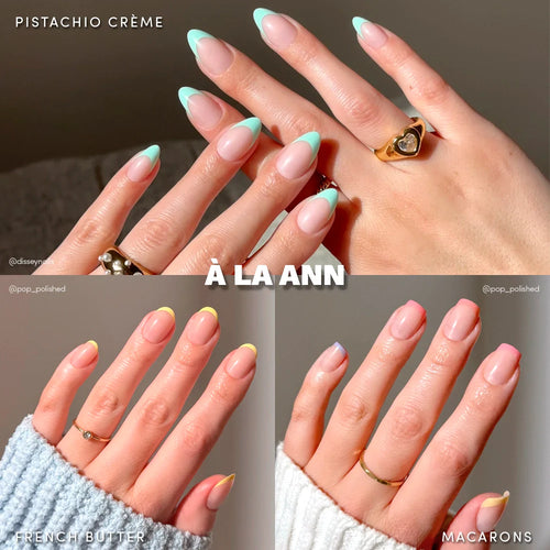 Three images show À La Ann by glamnetic: salon-quality, almond-shaped press-on nails with pastel French tips—mint green (Pistachio Crème), creamy beige (French Butter), and pastel yellow (Macarons). Simple, elegant style. Text: À LA ANN.