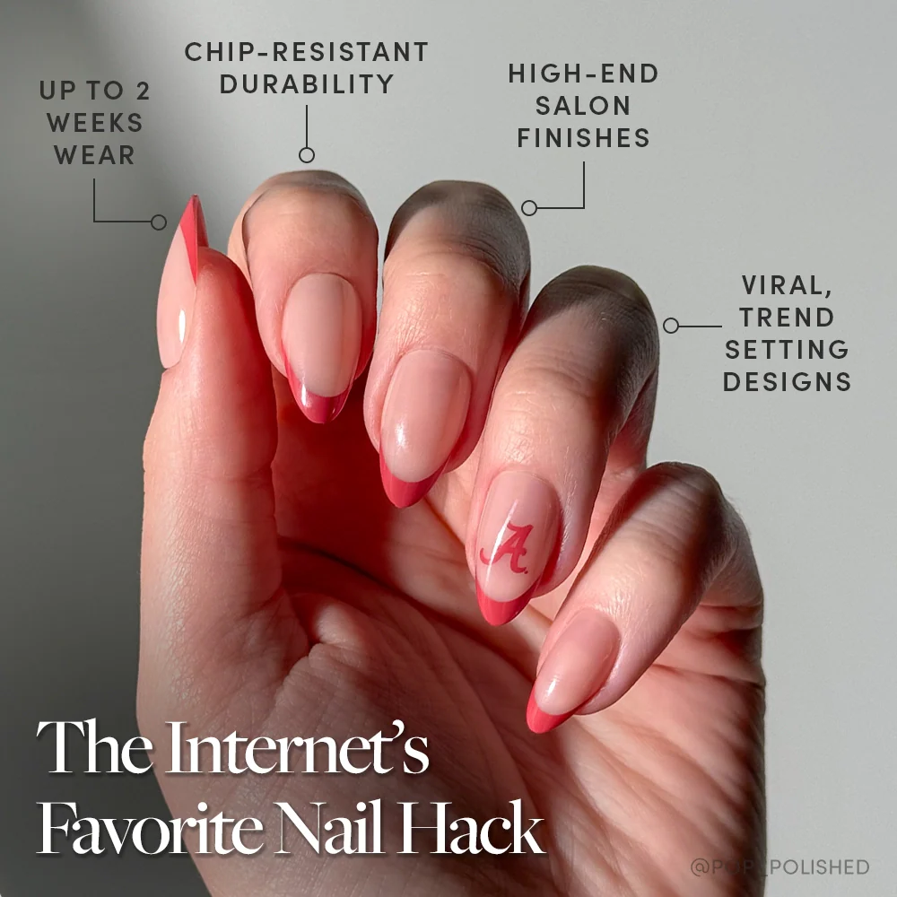 Show off long, almond-shaped nails with the glamnetic Alabama Crimson Tide Press-On Nail Set—featuring pink and red French tips and a red A. Get up to 2 weeks wear, chip-resistant shine, high-end finishes, and trendy designs.