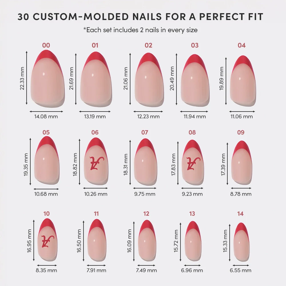 Image of the glamnetic Alabama Crimson Tide Press-On Nail Set, featuring 15 sizes with light pink bases and red French tips, each size labeled in millimeters. Each set includes two nails per size.