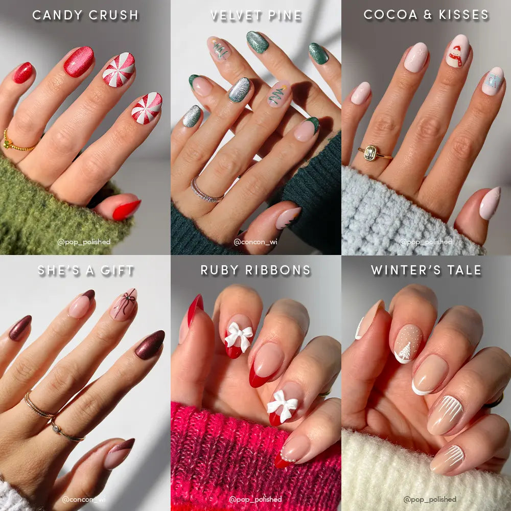 A collage of six hands features glamnetic's All Decked Out festive nails, each with holiday art in red, green, white, and nude—think candy canes, bows, sparkles, and winter patterns—styled with cozy sweaters and labeled designs.