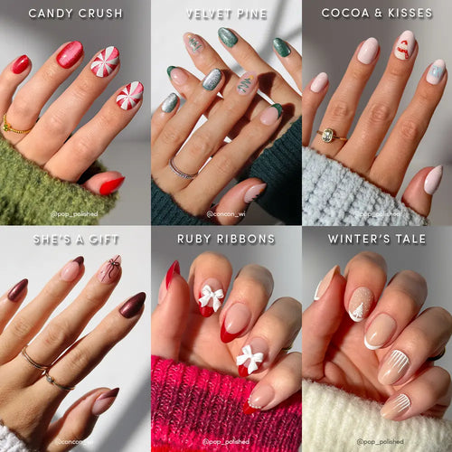 A collage of six hands features glamnetic's All Decked Out festive nails, each with holiday art in red, green, white, and nude—think candy canes, bows, sparkles, and winter patterns—styled with cozy sweaters and labeled designs.
