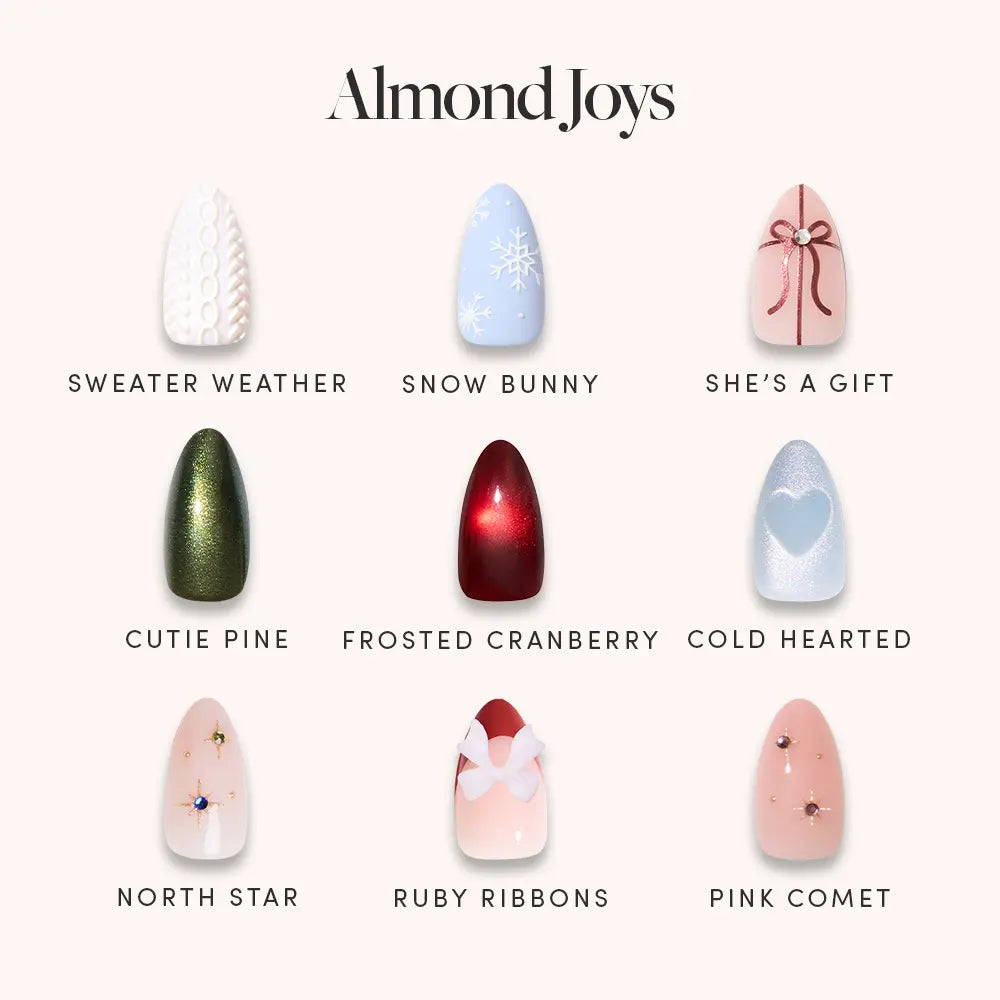 The glamnetic Almond Joys set includes nine festive almond nails with winter holiday designs, like glitter French tips, Sweater Weather, Snow Bunny, Cutie Pine, and Frosted Cranberry.