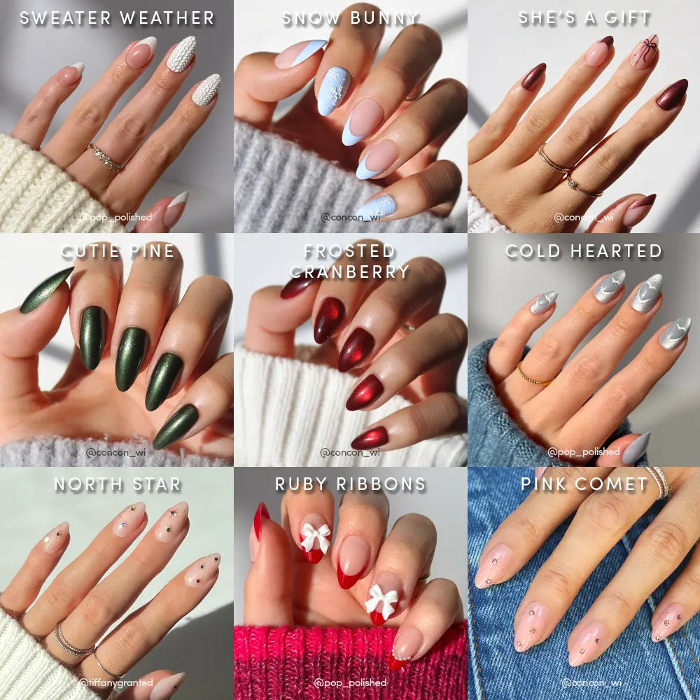 A 3x3 grid shows nine festive “Almond Joys” manicures by glamnetic, each labeled and featuring holiday designs like knits, snowflakes, metallics, stars, bows, and glitter French tips on almond-shaped nails.