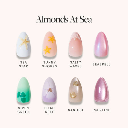 Glamnetic’s Almonds At Sea features eight short almond nails in pastel, ocean-inspired shades with 3D starfish accents for a whimsical beach look.